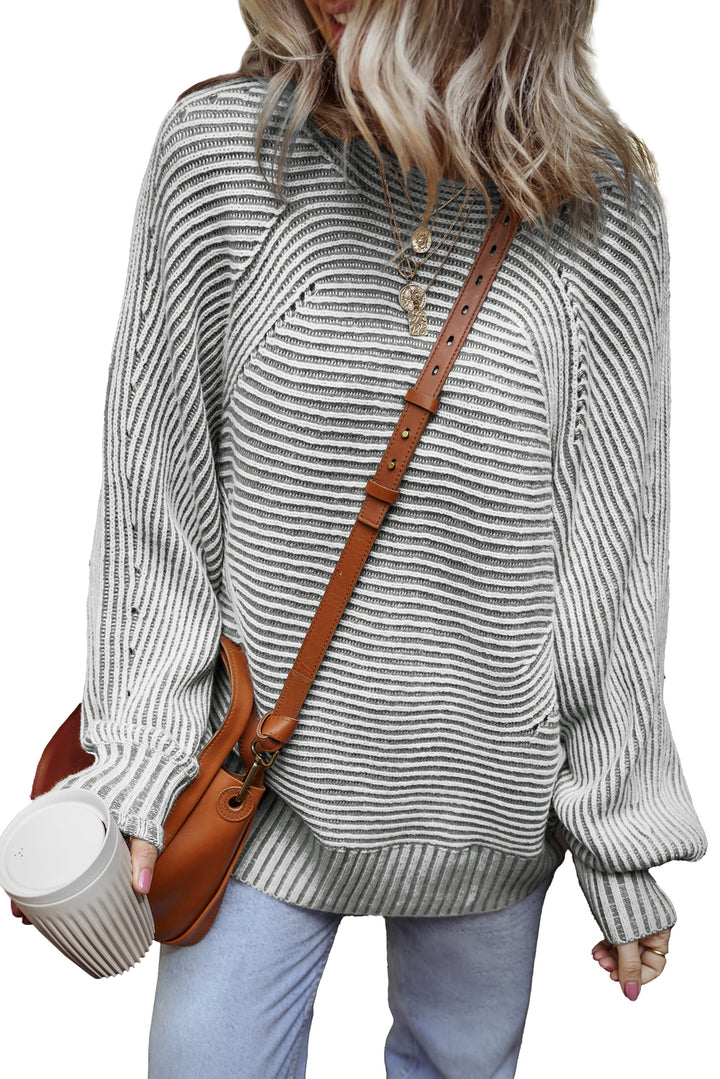 Striped Print Ribbed Knit Boat Neck Baggy Sweater