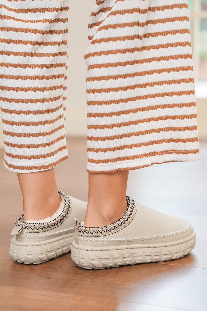 Contrast Stitch Detail Faux Suede PU Patchwork Plush Winter Clog Slippers