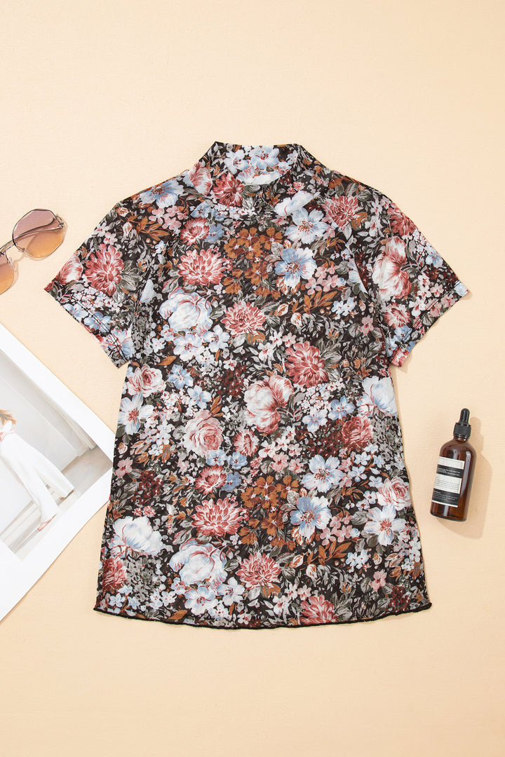 Floral Print High Neck Short Sleeve Mesh Top