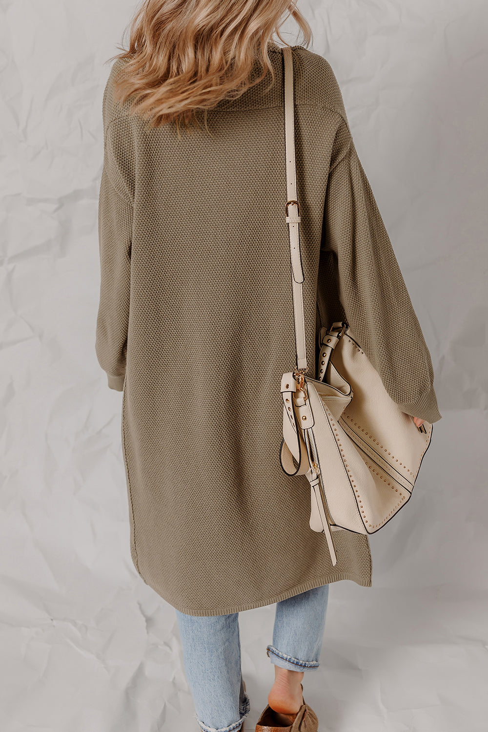 Solid Color Textured Knit Open Front Oversize Midi Sweater Cardigan