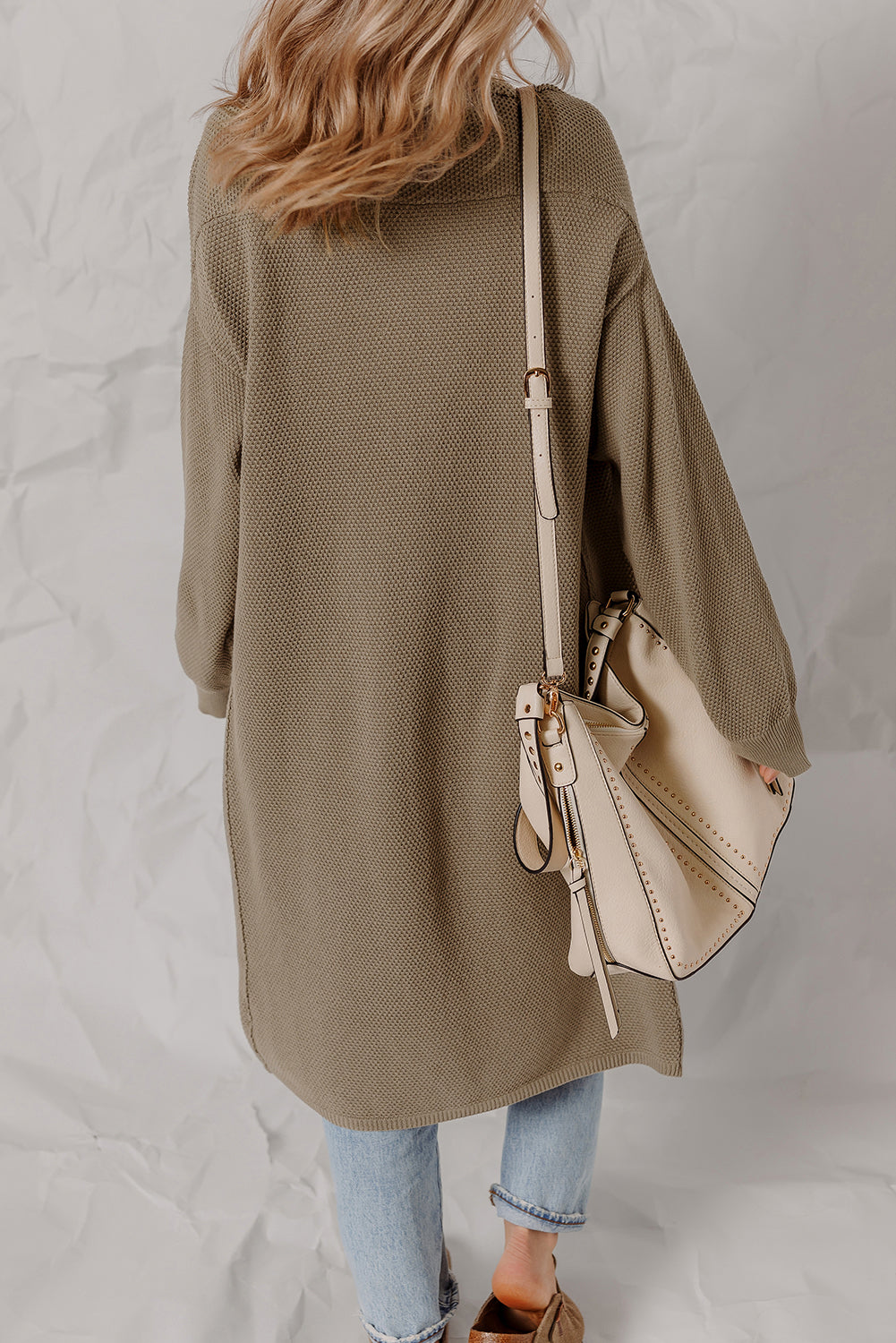 Solid Color Textured Knit Open Front Oversize Midi Sweater Cardigan