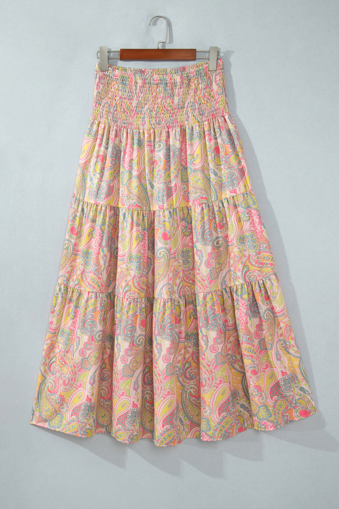 Gossamer Pink Boho Vintage Paisley Print Tiered Long Skirt