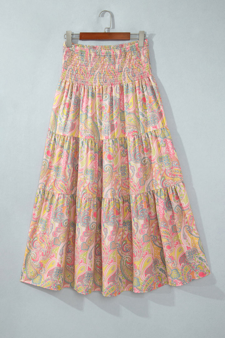 Gossamer Pink Boho Vintage Paisley Print Tiered Long Skirt