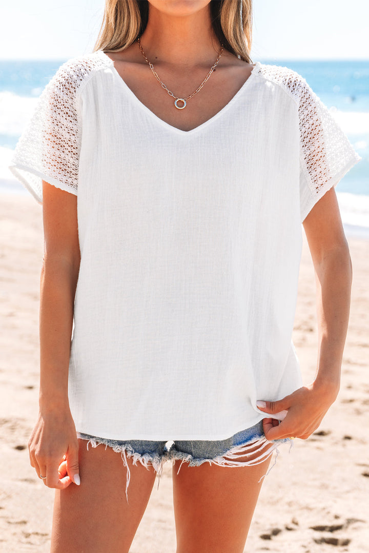 Lace Crochet Textured Button Back V Neck T Shirt
