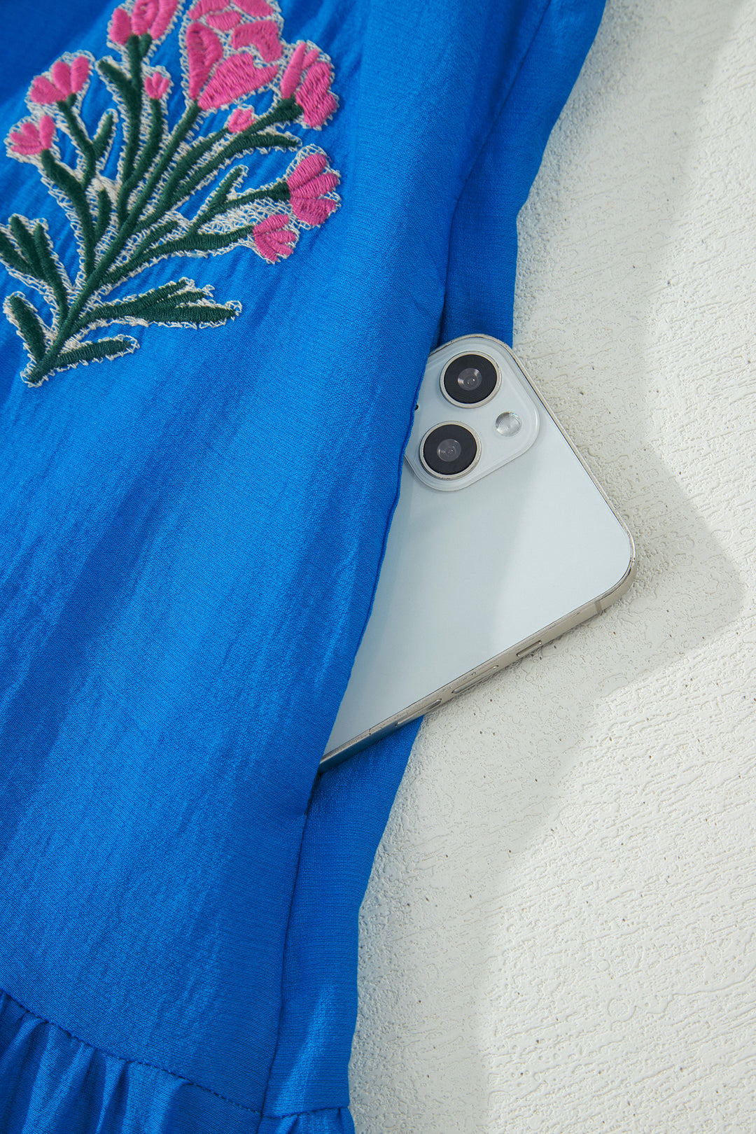Blue Flower Embroidered Split Neck Short Sleeve Ruffle Hem Dress
