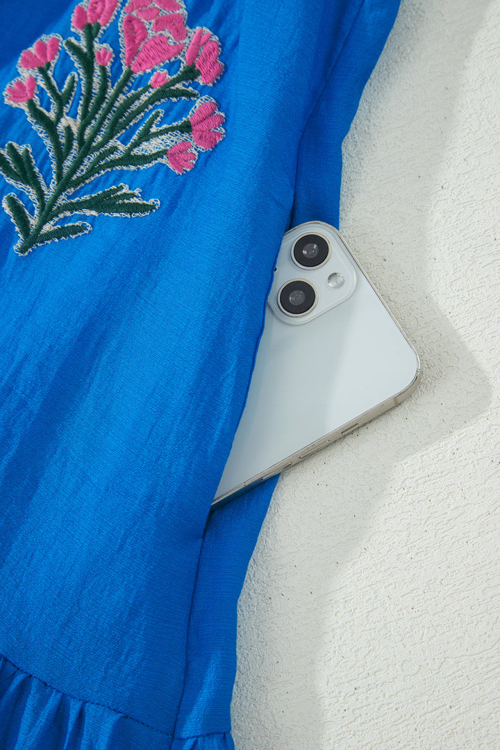 Blue Flower Embroidered Split Neck Short Sleeve Ruffle Hem Dress