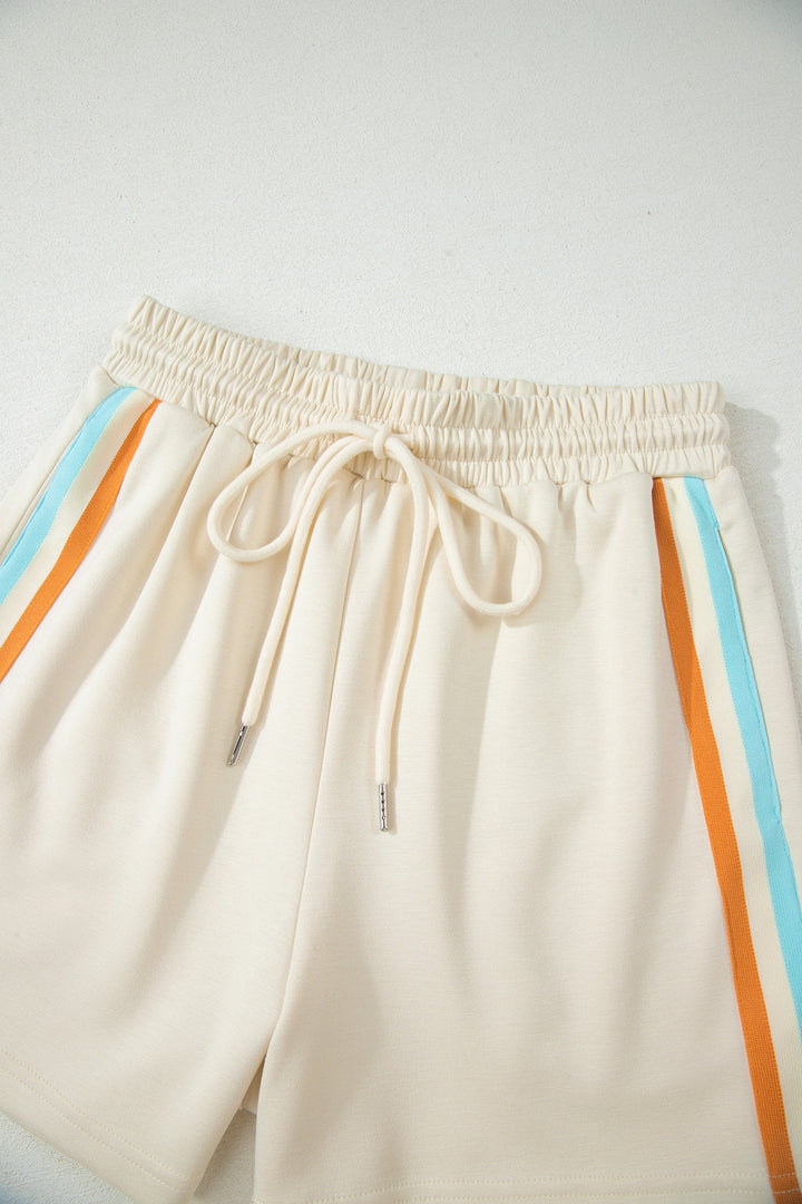 Apricot Colorful Striped Detail Half Zip Polo Tee Loose Shorts Set