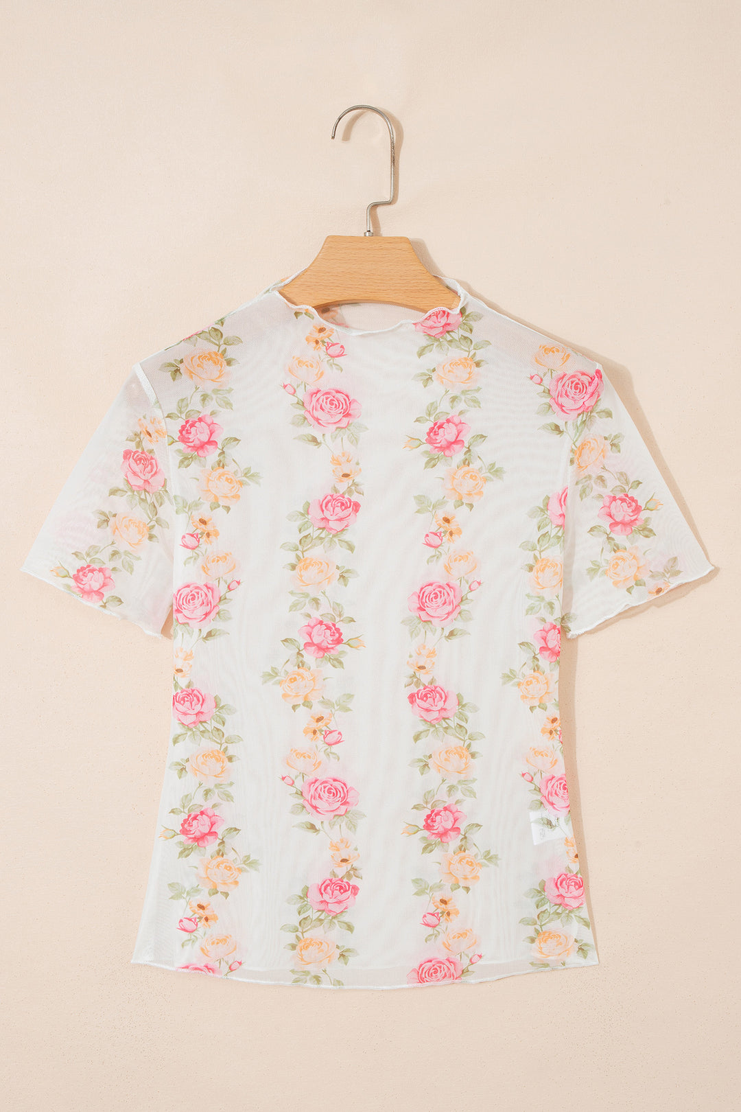 Beige Floral Print Mock Neck Short Sleeve Mesh Top