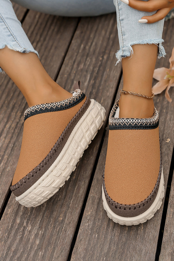 Contrast Stitch Detail Faux Suede PU Patchwork Plush Winter Clog Slippers