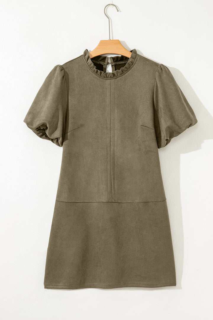 Frilled Round Neck Short Puff Sleeve Shift Mini Dress