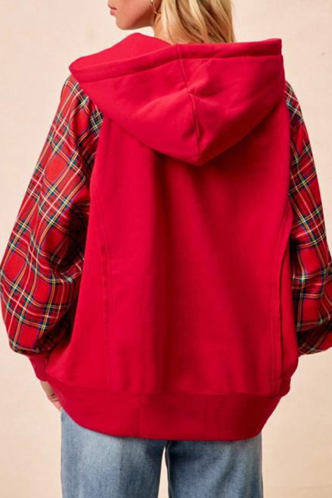 Fiery Red Plaid Sleeve Colorblock Zip-Up Shift Silhouette Ribbed Hem Plus Size Hoodie