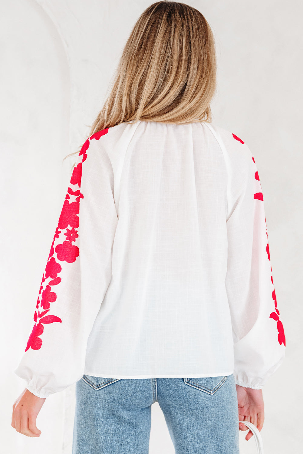 Floral Embroidered Puff Long Sleeve Casual Shirt