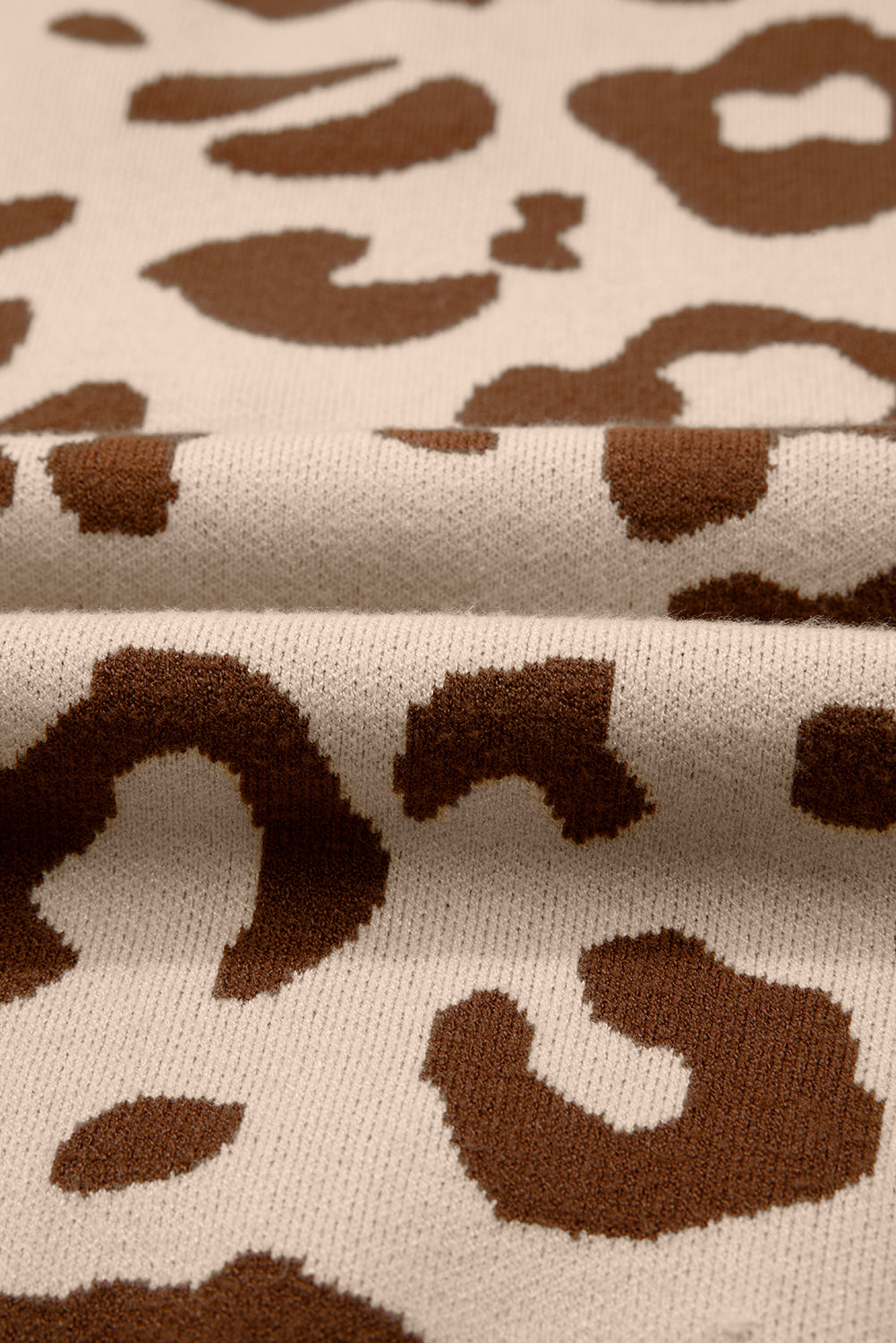 Light French Beige Leopard Printed Knit V Neck Casual Sweater