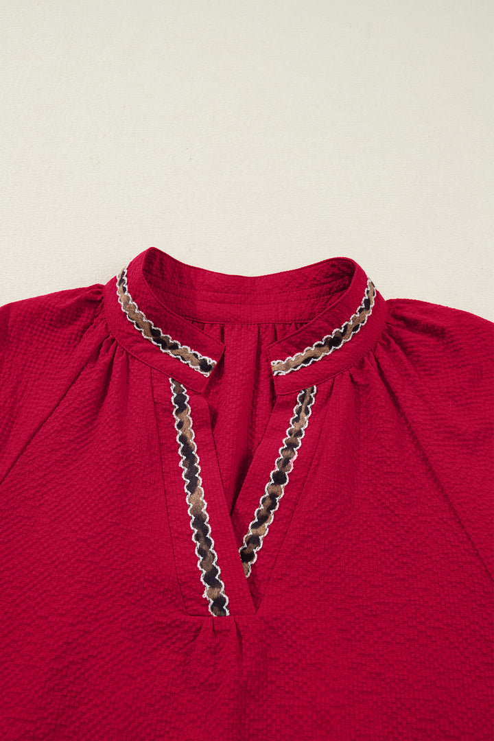 Racing Red Leopard Jacquard Print V Neck Textured Blouse