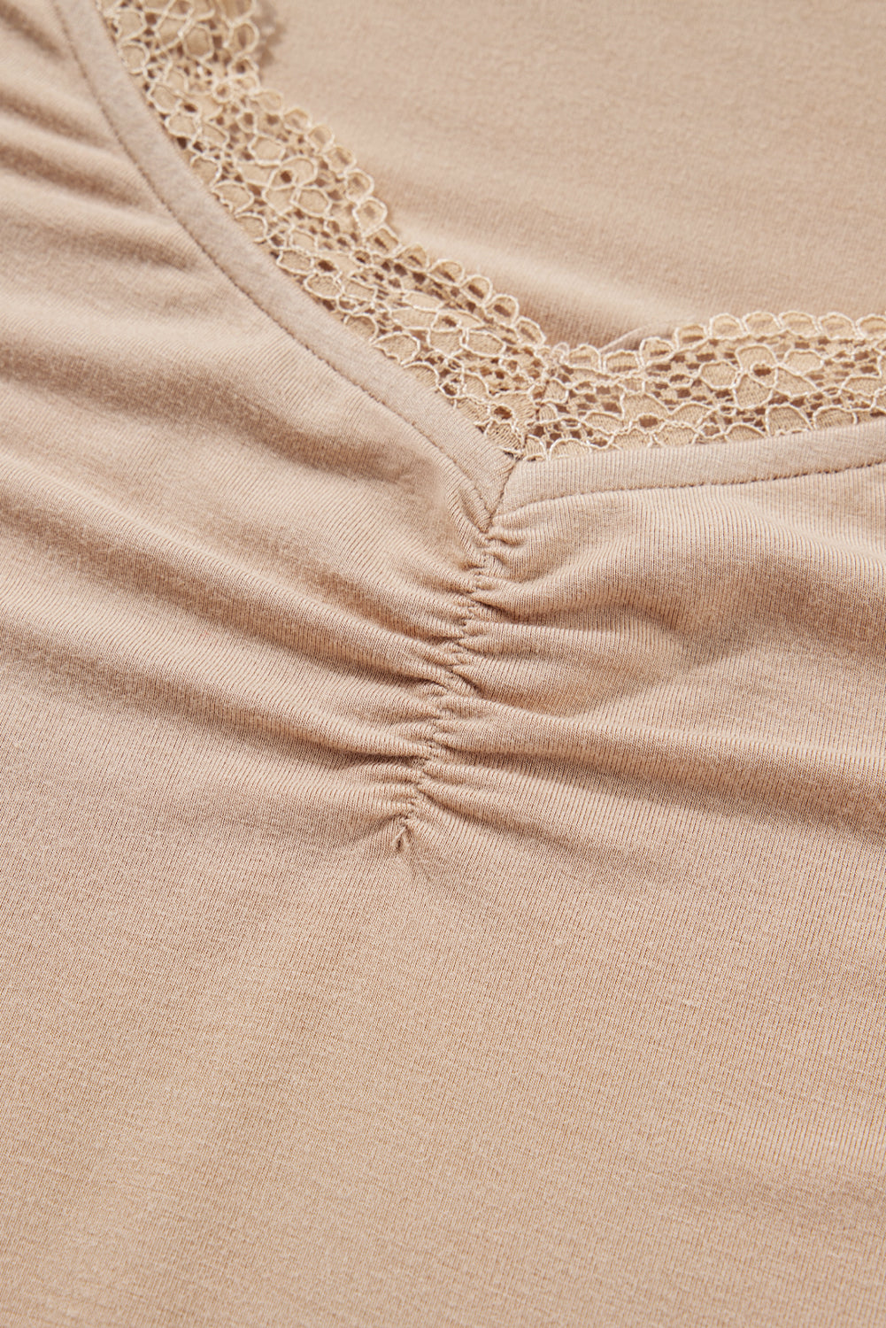 Lace-trimmed Sweetheart Neckline Ruched Detail Long Sleeve T-shirt