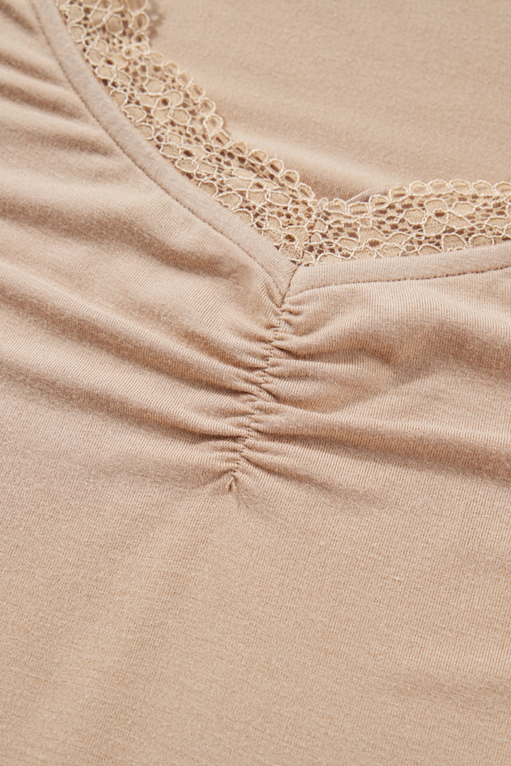 Lace-trimmed Sweetheart Neckline Ruched Detail Long Sleeve T-shirt