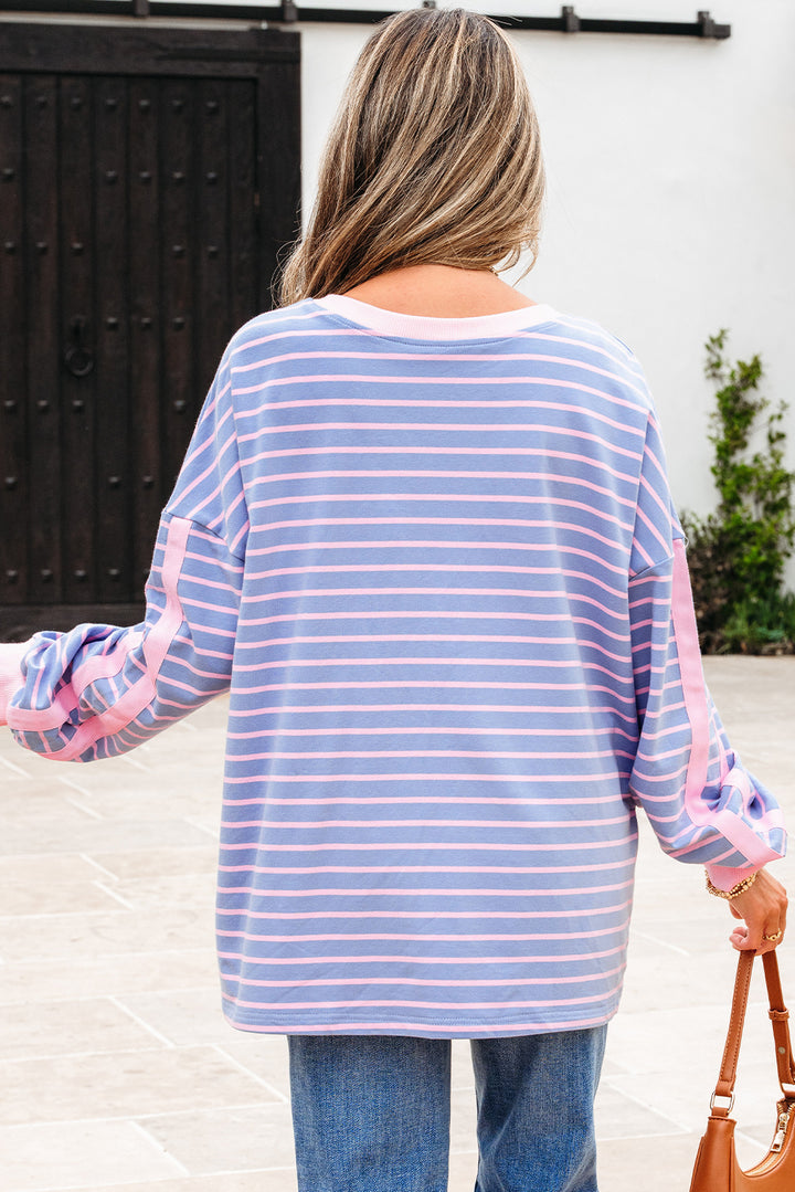 Sky Blue Stripe Oversize Contrast Trim Cotton Casual Top