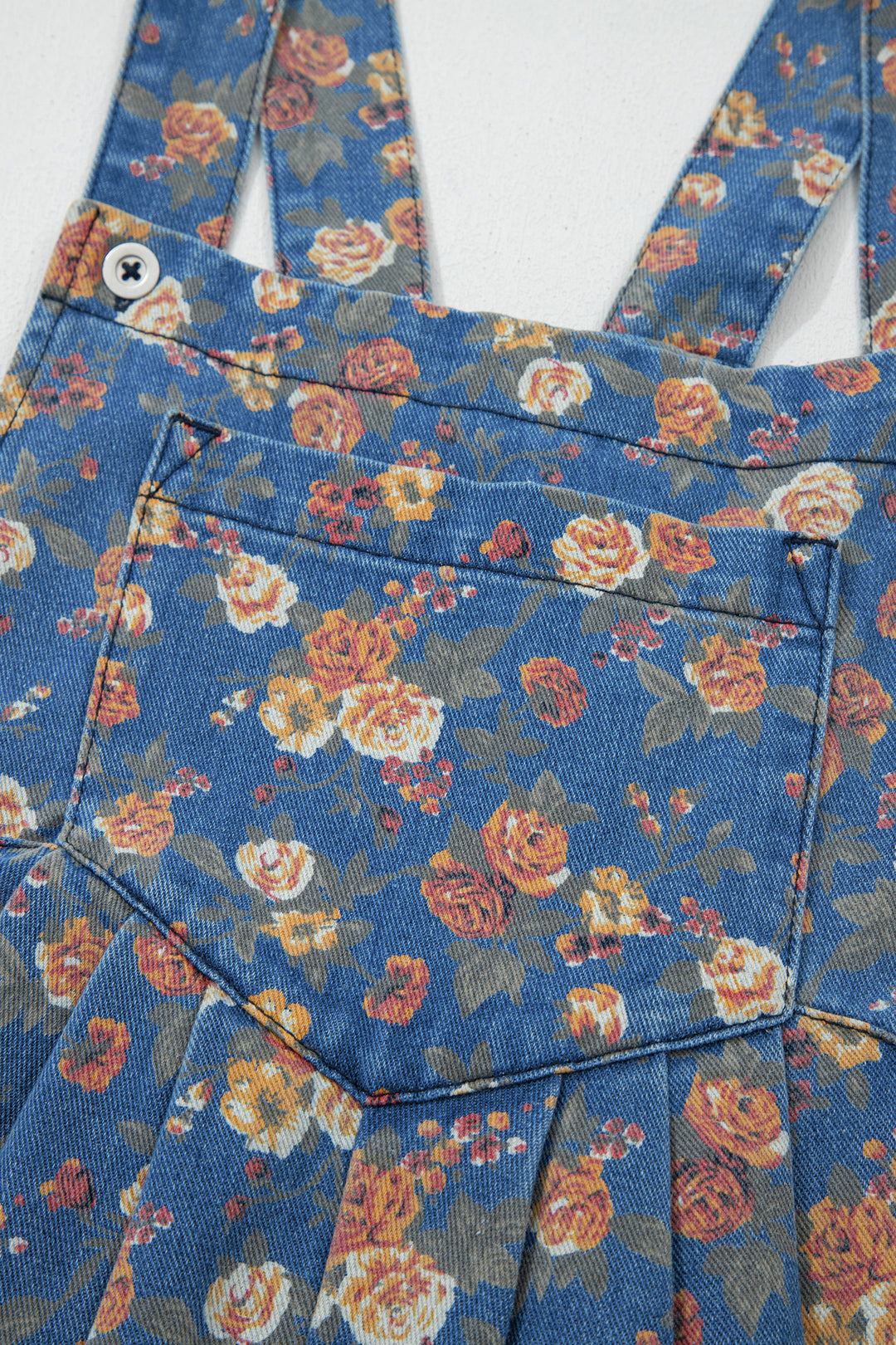 Blue Vintage Rose Printed Pleated Loose Denim Overall Jumpsuit