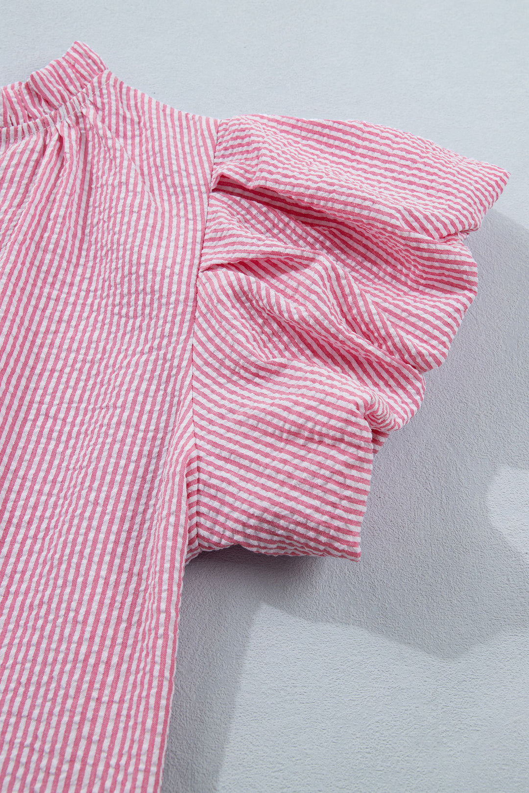 Rose Stripe Short Bubble Sleeve Split V Neck Blouse