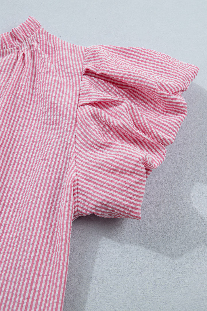 Rose Stripe Short Bubble Sleeve Split V Neck Blouse