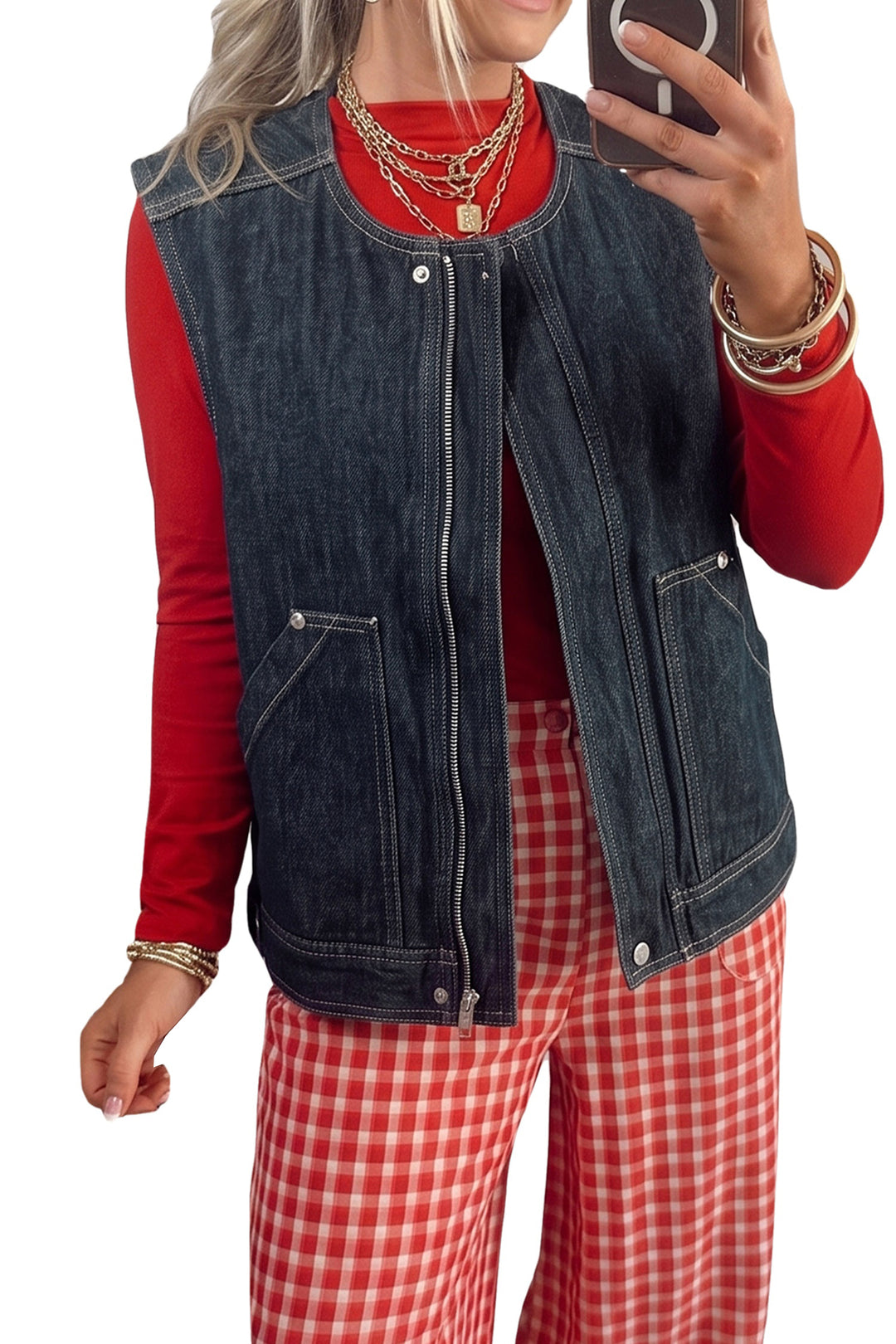 Navy Blue Vintage Denim Zipper Front Cowboy Vest
