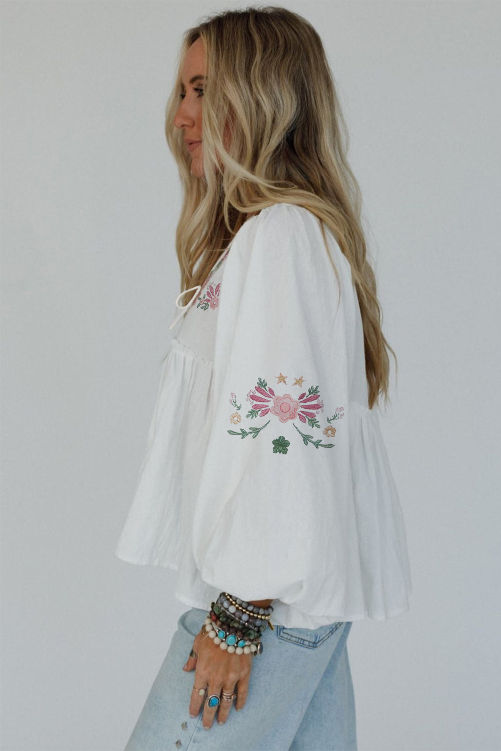Flower Print Lace-up V Neck Babydoll Blouse