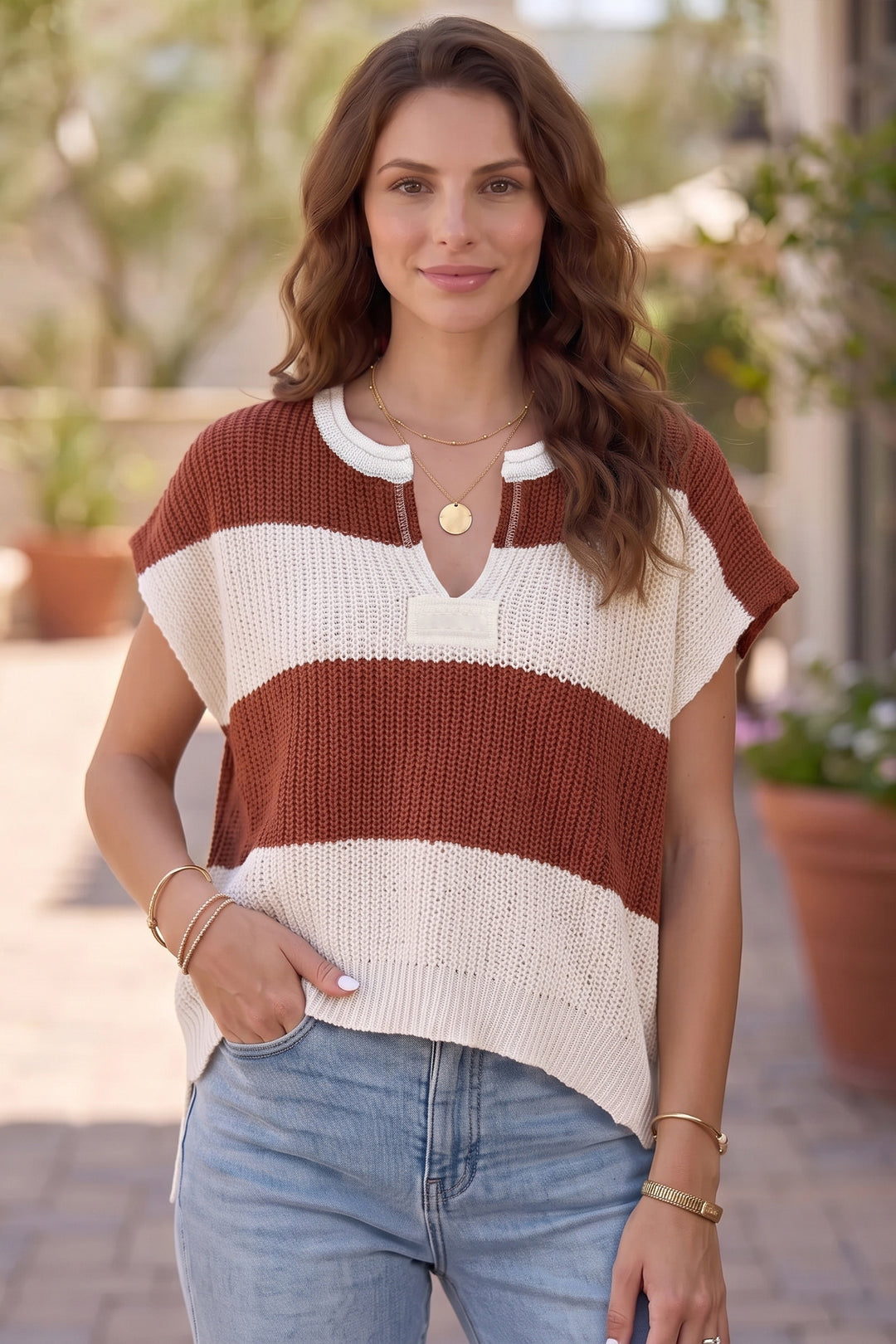 Brown Stripe Colorblock Knit V Neck Short Sleeve Loose Sweater