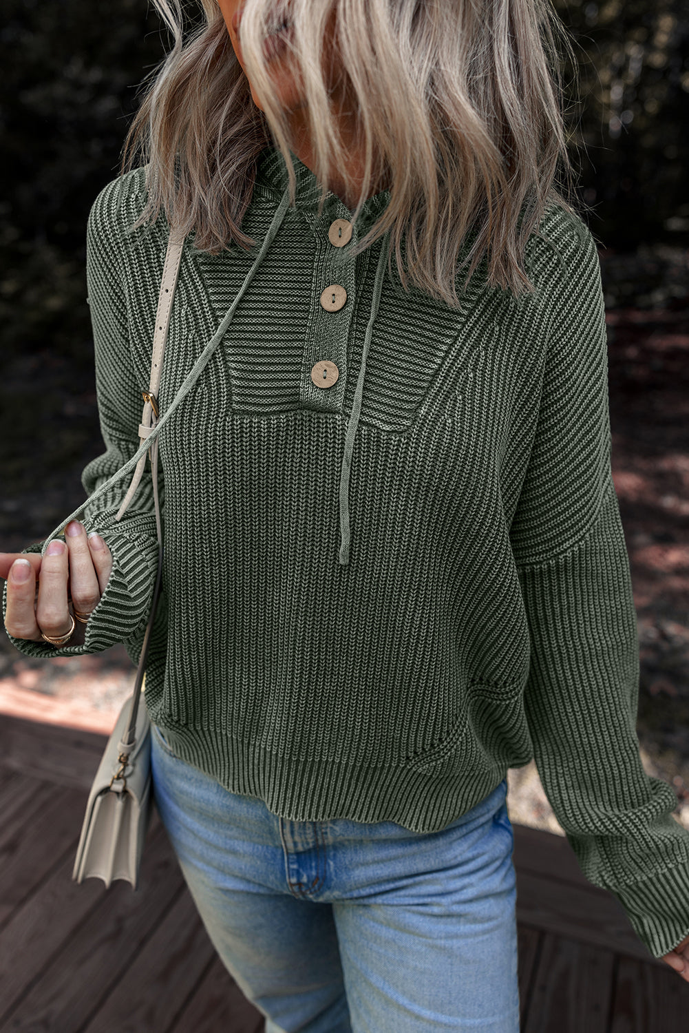Mineral Wash Ribbed Knit Button Drawstring Neck Hooded Sweater