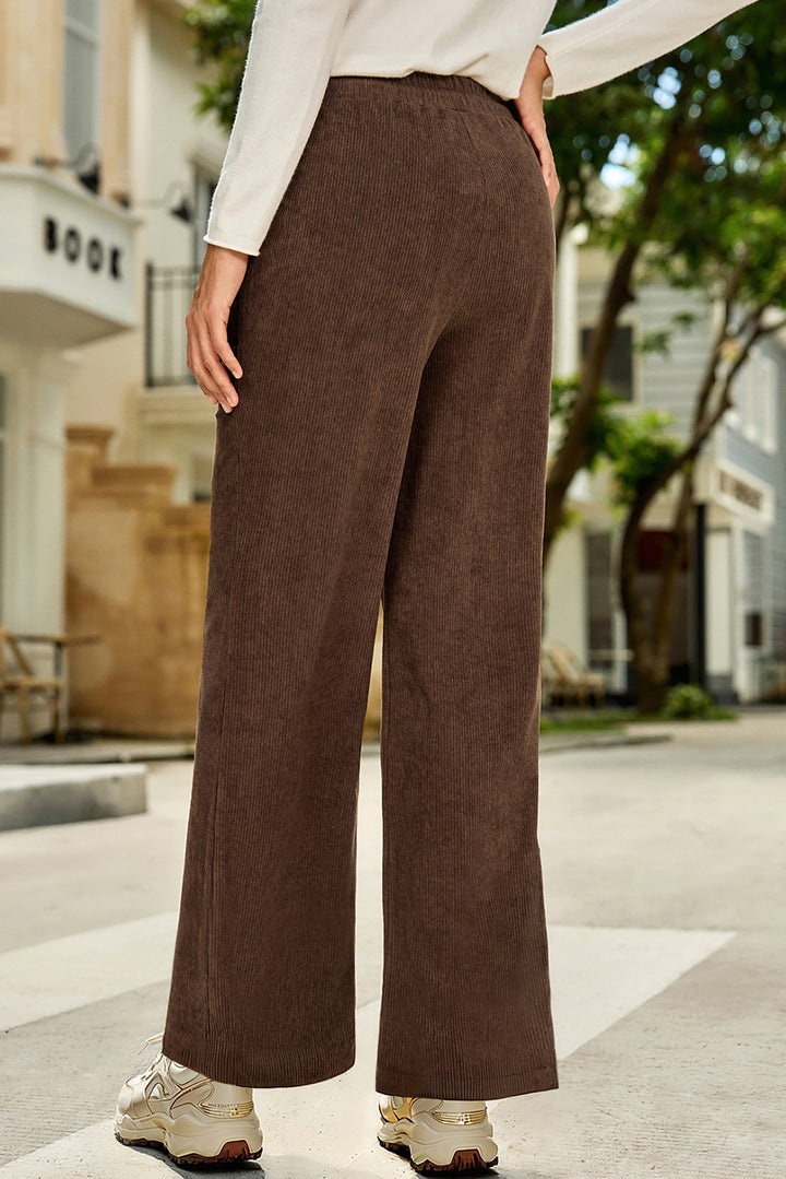 Coffee Tie Elastic Waist Soft Corduroy Pants
