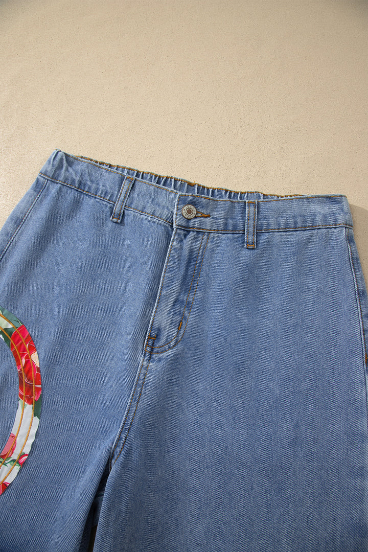 Myosotis Floral Peace Sign Embroidered Patch Wide Leg Jeans