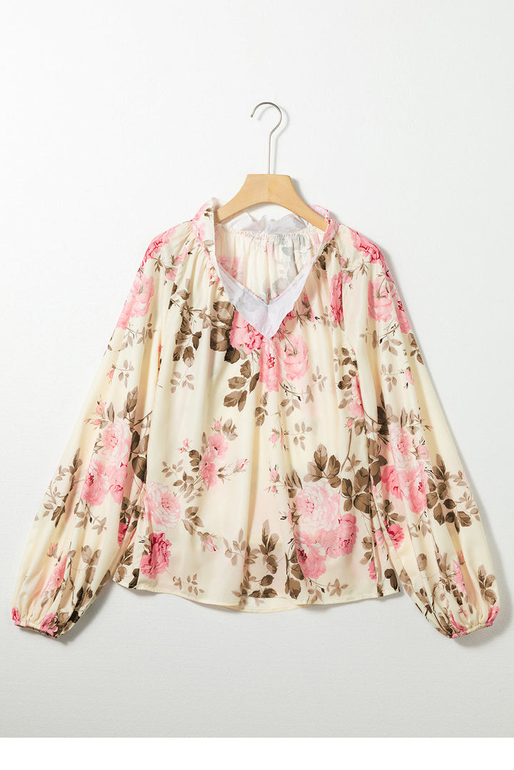 Floral Print Lantern Sleeve V-Neck Blouse