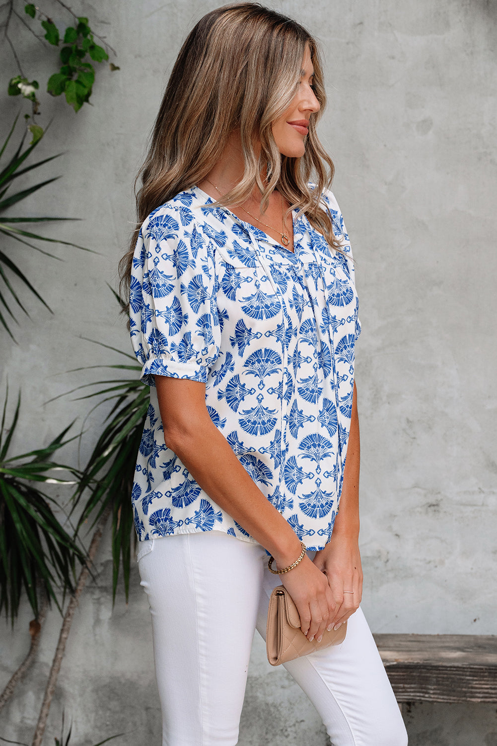Geometric Print Tassel Drawstring V Neck Blouse