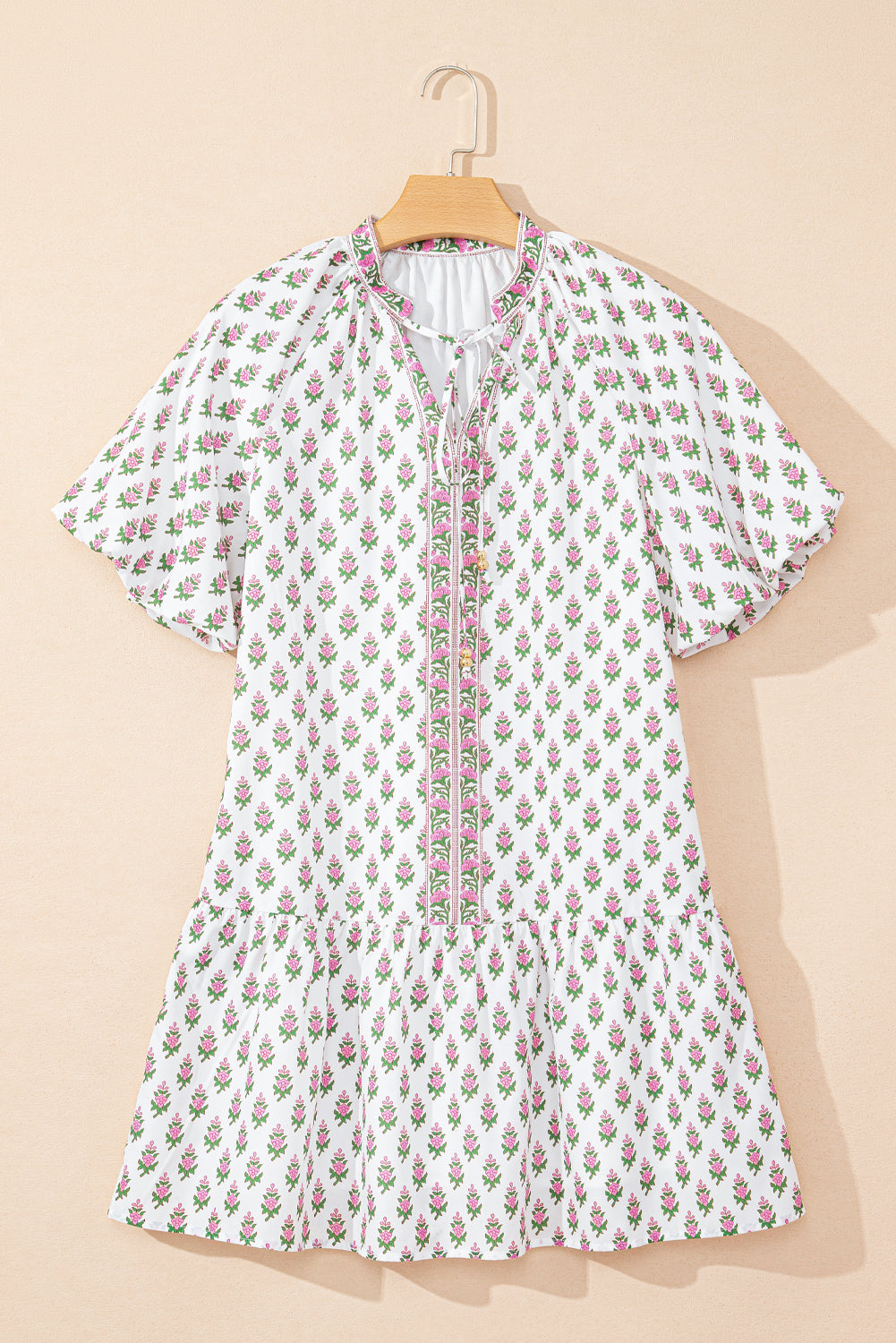 Floral Print Bubble Sleeve Neck Tie Ruffled Dress
