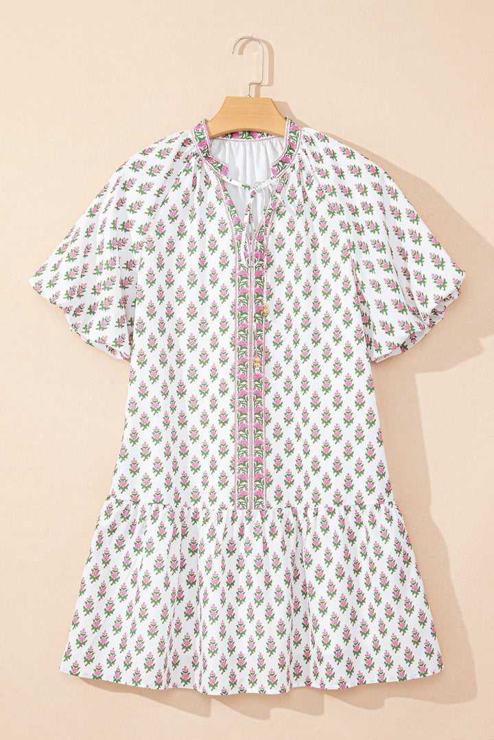 Floral Print Bubble Sleeve Neck Tie Ruffled Dress