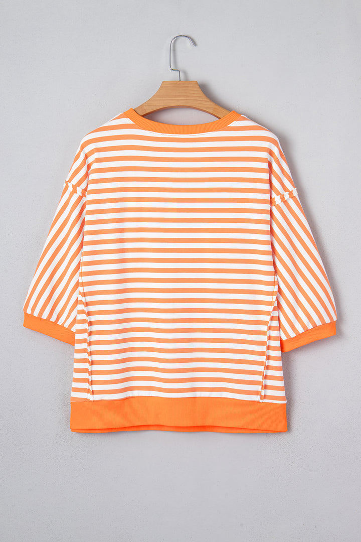 3/4 Sleeve Exposed Seam Patchwork Pullover Top