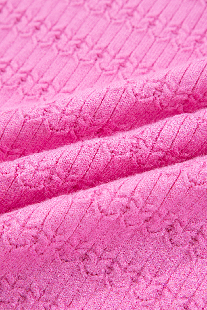 Bright Pink Trendy Pattern Knit Ribbed Cuffs Crew Neck Sweater