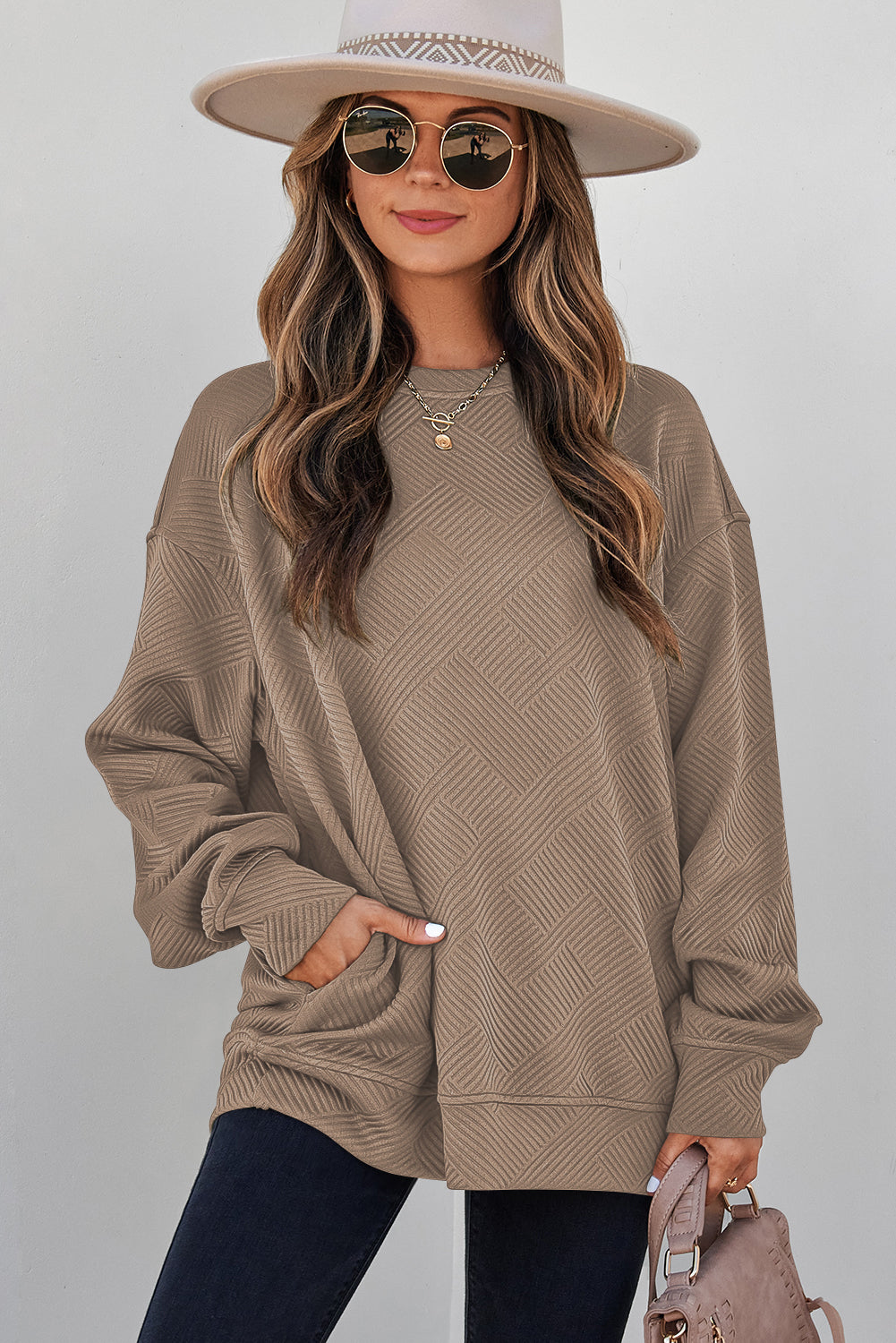 Parchment Solid Color Textured Round Neck Drop Shoulder Pullover Sweatshirt
