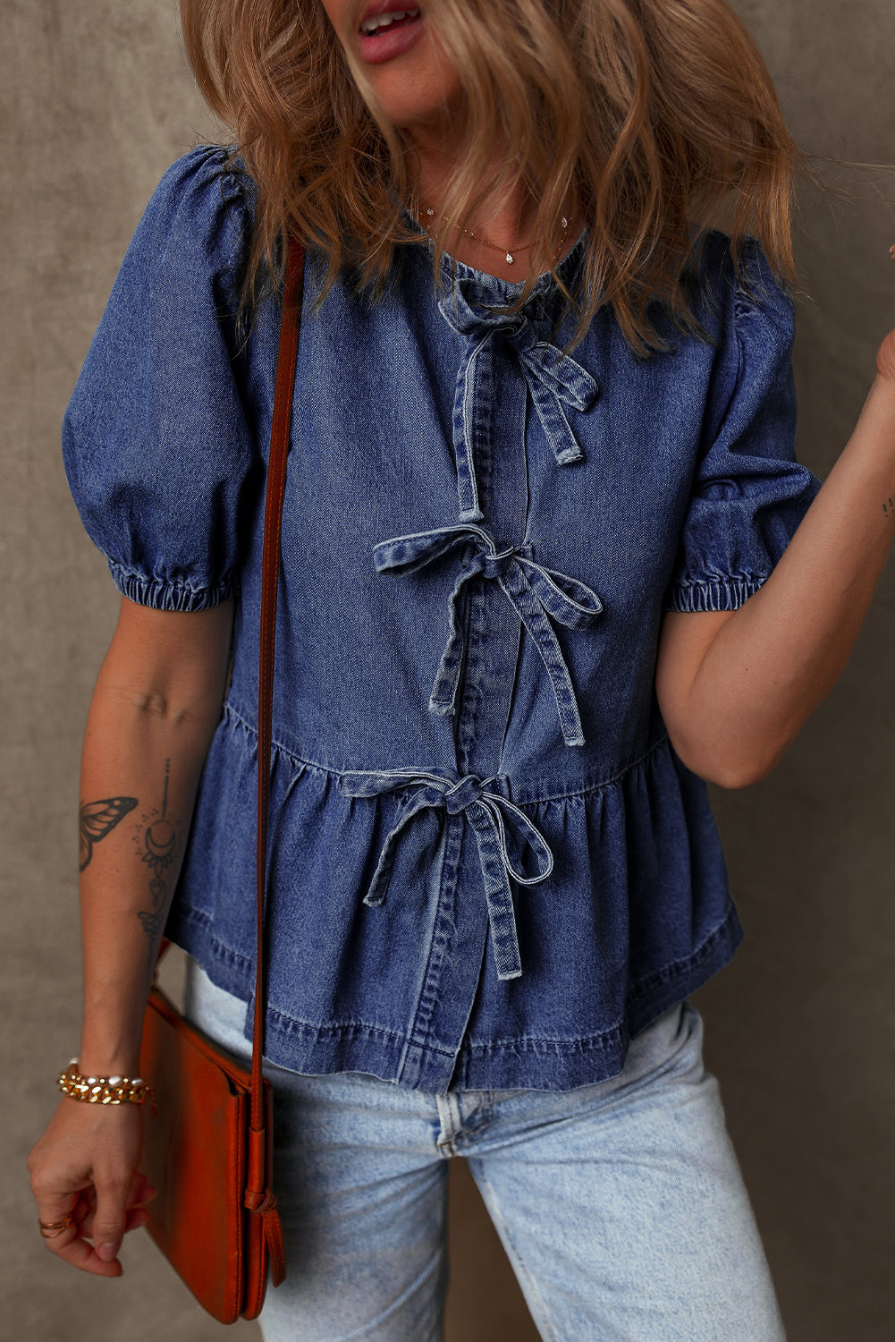 Tied Front Bubble Sleeve Peplum Denim Shirt