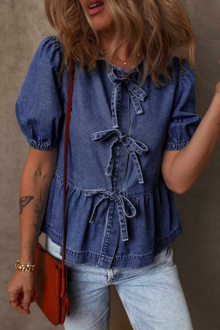 Tied Front Bubble Sleeve Peplum Denim Shirt