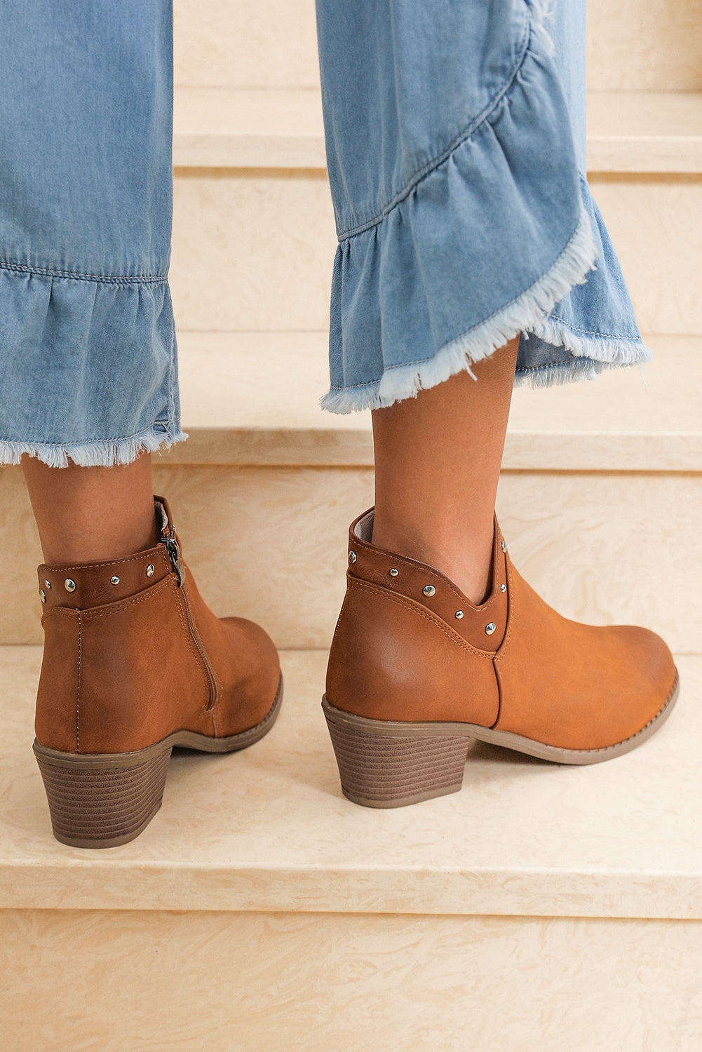 Studded Faux Leather Chunky Heel Ankle Boots