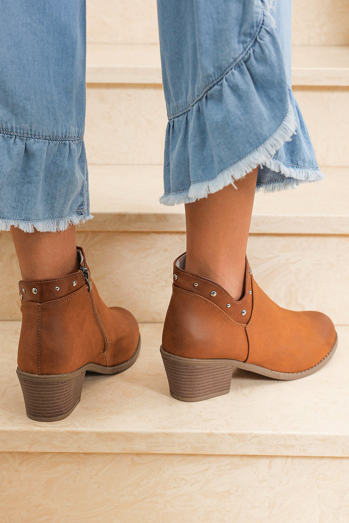 Studded Faux Leather Chunky Heel Ankle Boots