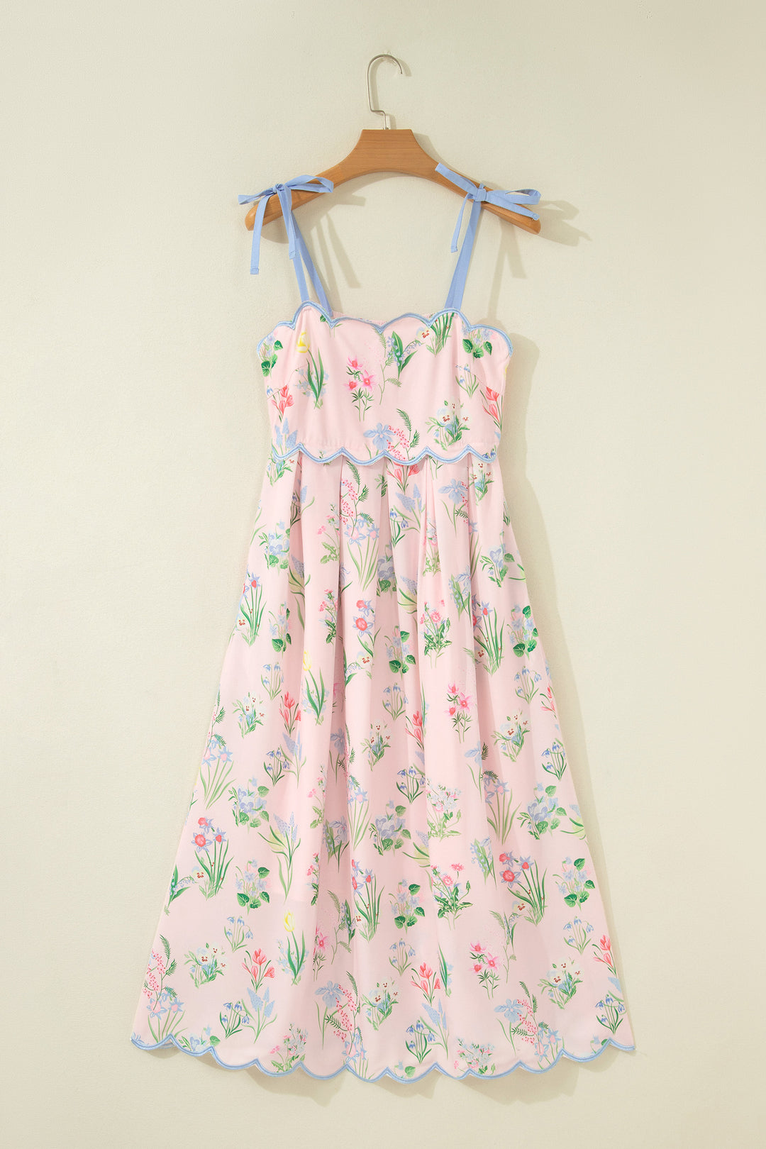 Pink Floral Print Contrast Trim Self-tie Straps High Waist Midi Dress