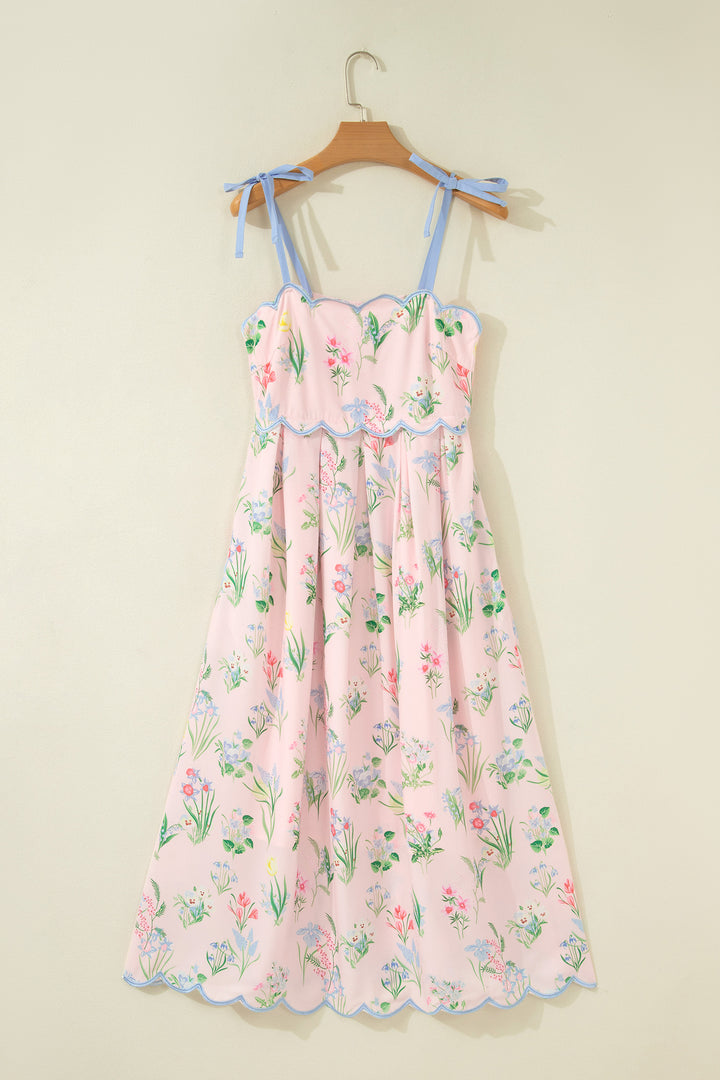 Pink Floral Print Contrast Trim Self-tie Straps High Waist Midi Dress