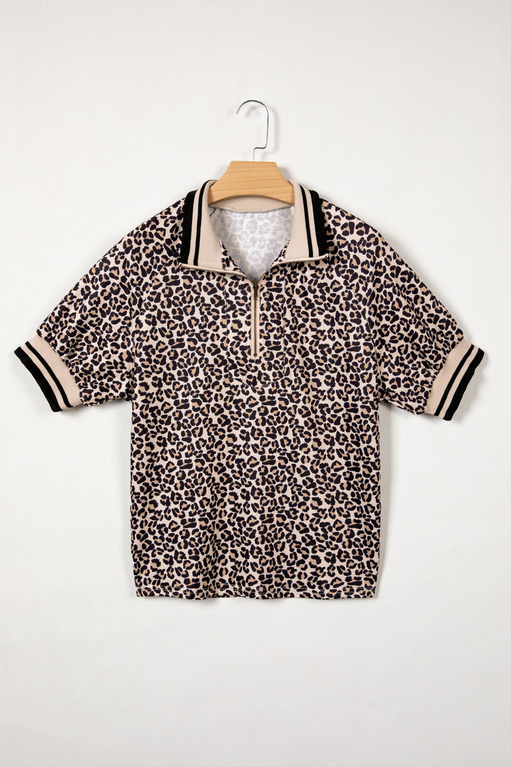 Leopard Print Half Zip Striped Trim Patchwork Short Sleeve Top
