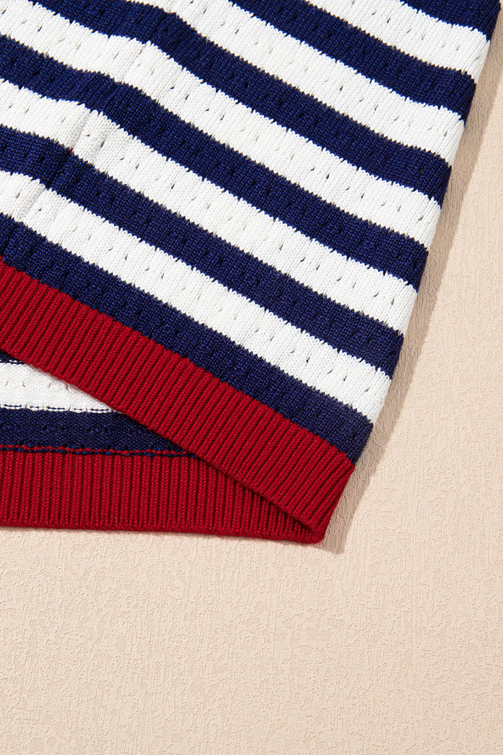 Navy Stripe Pointelle Knit Contrast Trim Sleeveless Sweater Top