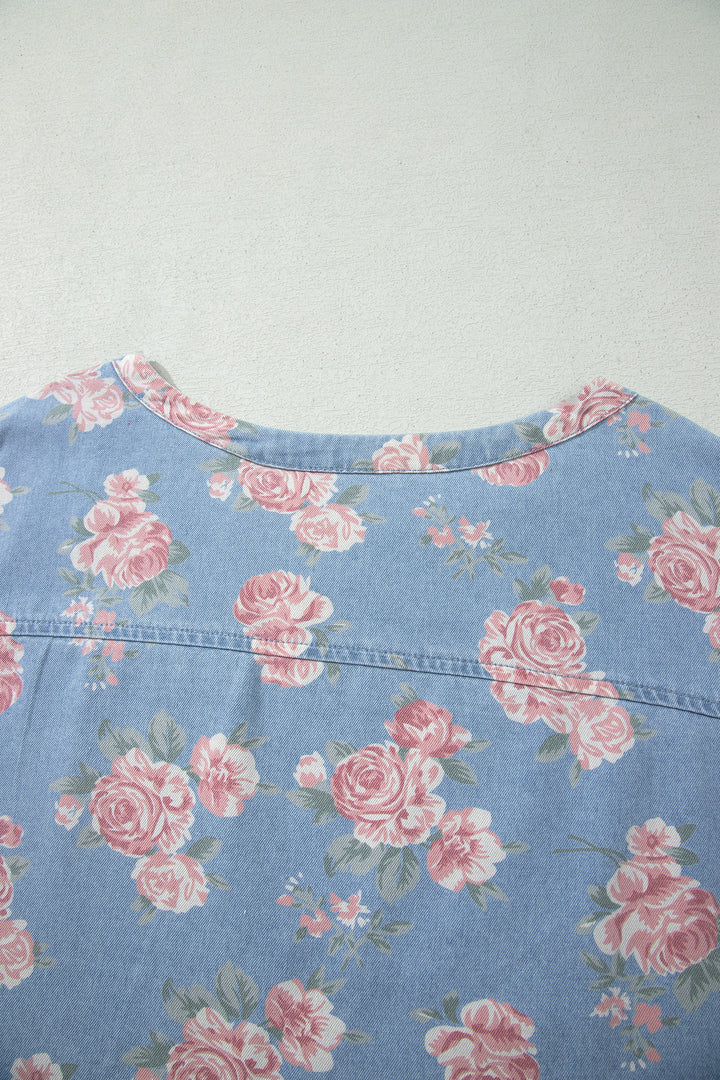 Sky Blue Floral Denim Short Sleeve Top Loose Shorts 2pcs Set