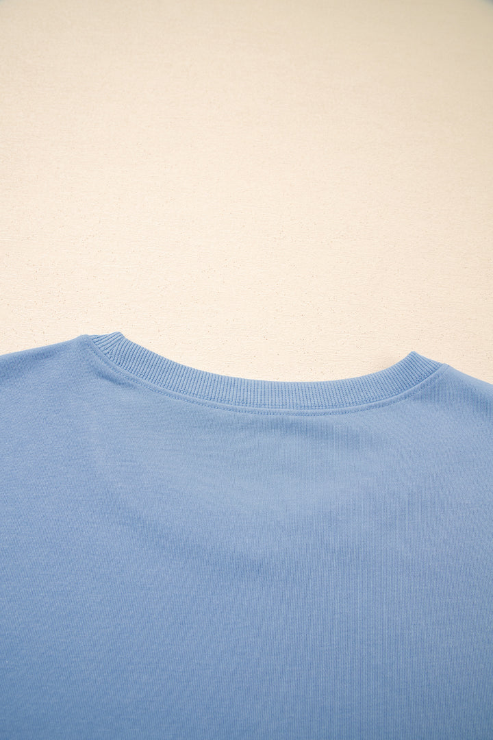 Sky Blue Solid Color Contrast Textured Patchwork Raw Edge 2pcs Short Set