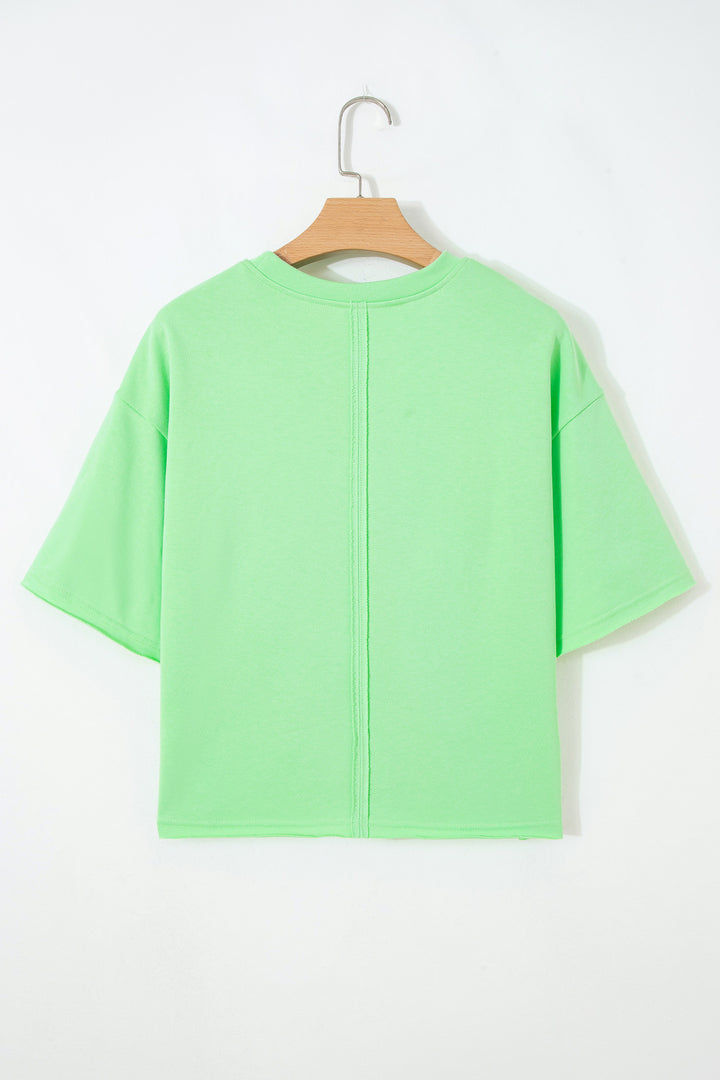 Bright Green Crab Embroidered Patch Loose Round Neck Tee