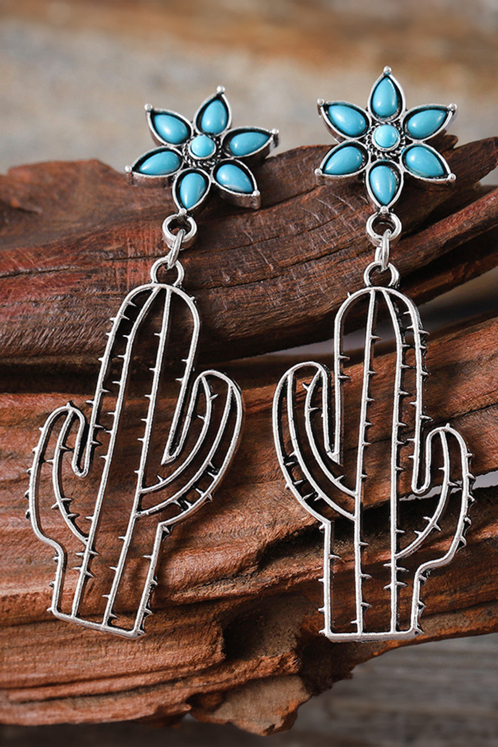 Boucles d'oreilles pendantes en forme de cactus et de fleurs turquoise occidentales