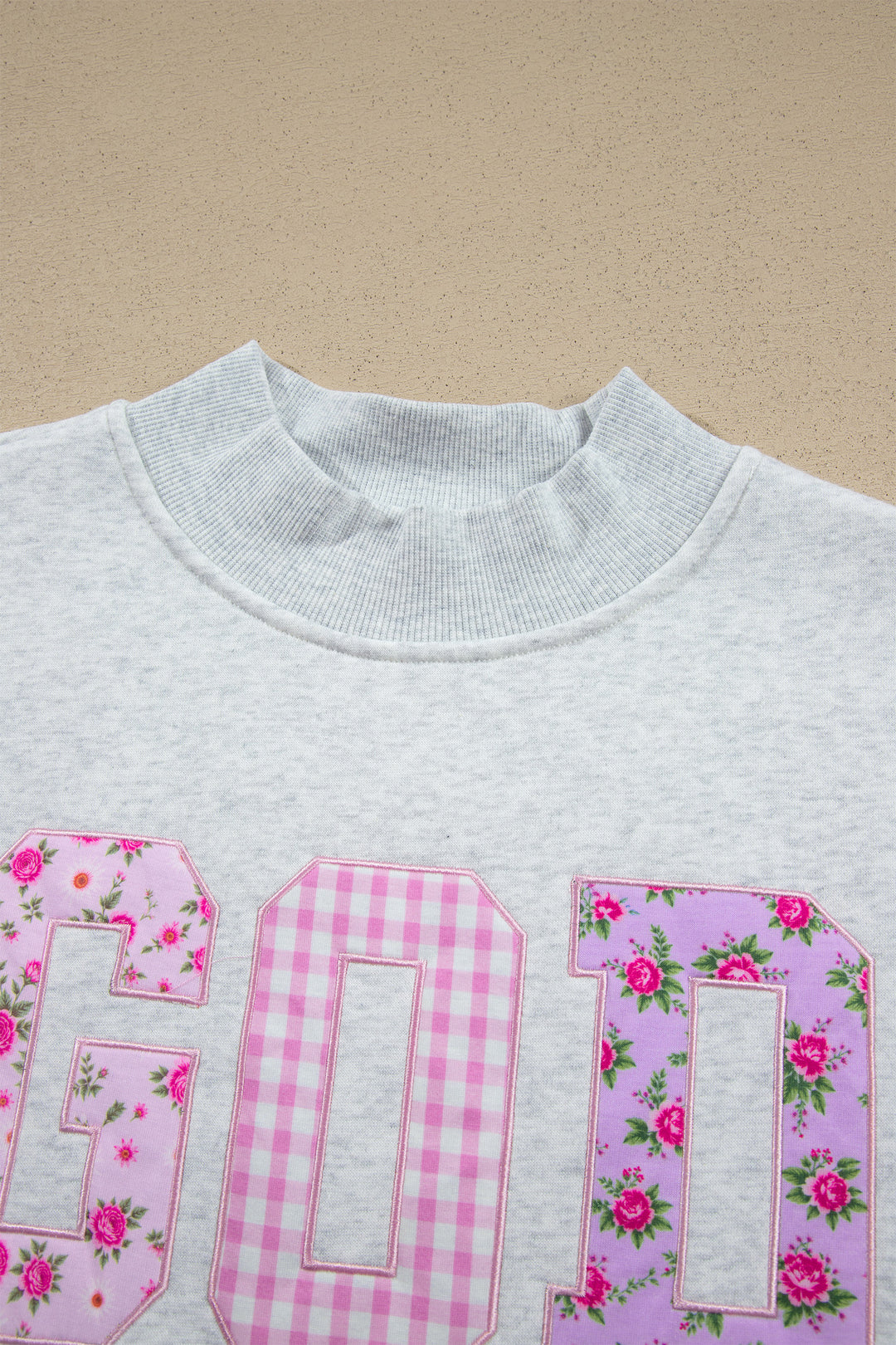 Light Grey GOD IS GOOD Appliqué Embroidery Mock Neck Pullover Sweatshirt